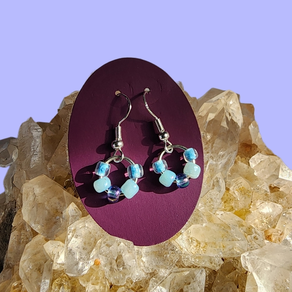 Silver & Ice Blue Beaded Mini Hoop Dangle Earrings NWT